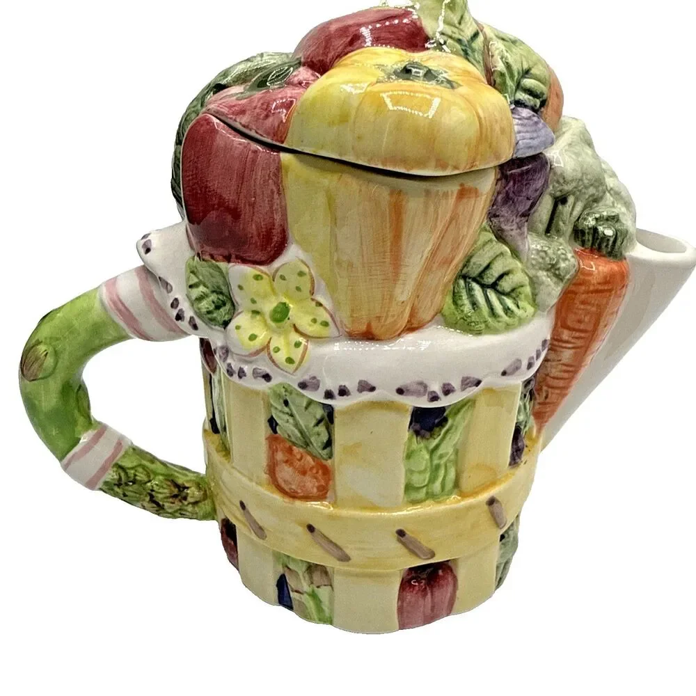 Vintage Angela Akerman Tea Garden Teapot Giftcraft Picnic Basket Fruit Veggie
